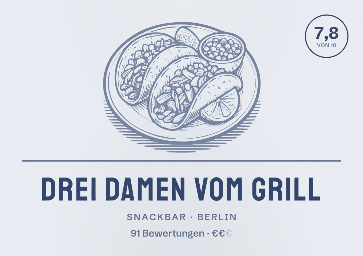 Illustriertes Poster von Drei Damen vom Grill, Snackbar in Berlin: Bewertung 7,8 von 10 aus 91 Bewertungen, Preisniveau €€