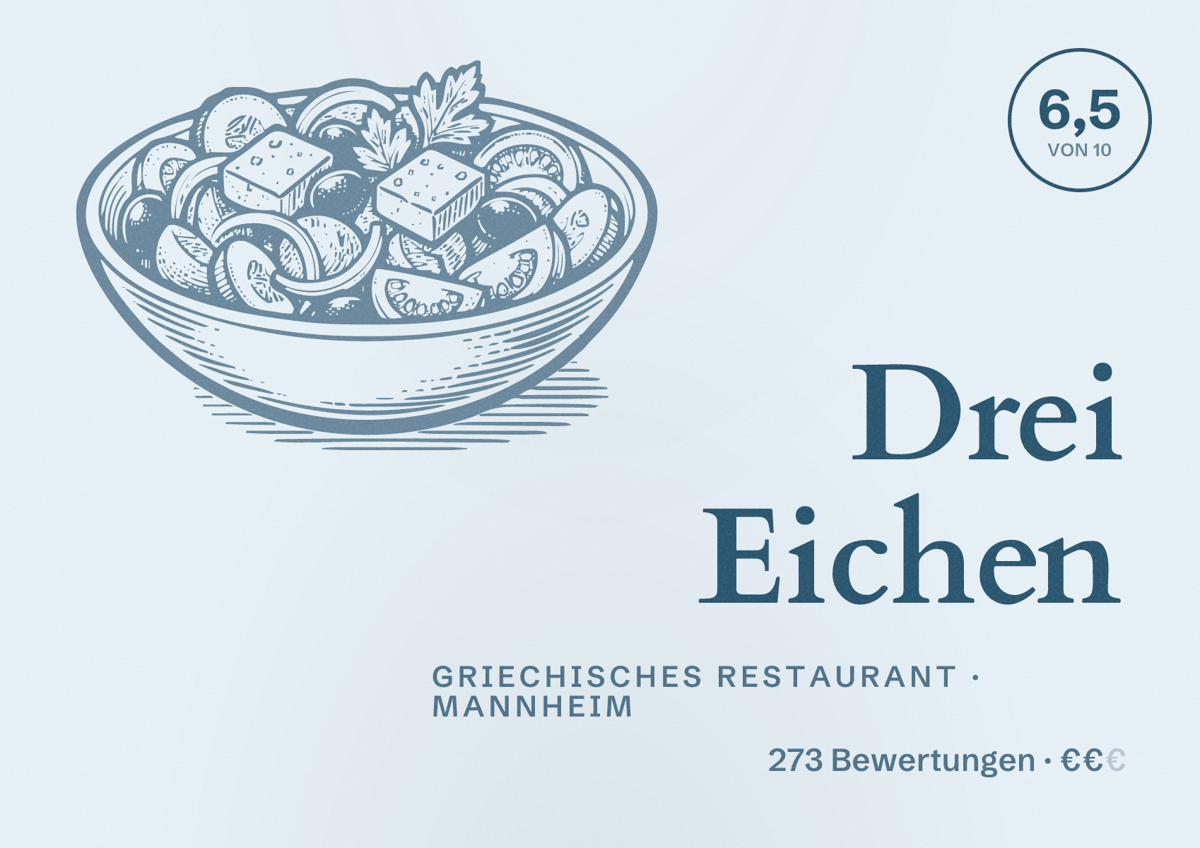 Illustriertes Poster von Drei Eichen, Griechisches Restaurant in Mannheim: Bewertung 6,5 von 10 aus 273 Bewertungen, Preisniveau €€