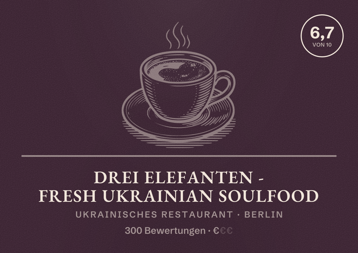 Illustriertes Poster von Drei Elefanten - Fresh Ukrainian Soulfood, Ukrainisches Restaurant in Berlin: Bewertung 6,7 von 10 aus 300 Bewertungen, Preisniveau €