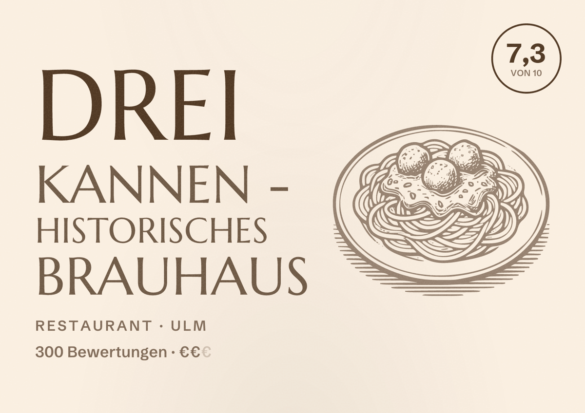 Illustriertes Poster von Drei Kannen - Historisches Brauhaus, Restaurant in Ulm: Bewertung 7,3 von 10 aus 300 Bewertungen, Preisniveau €€