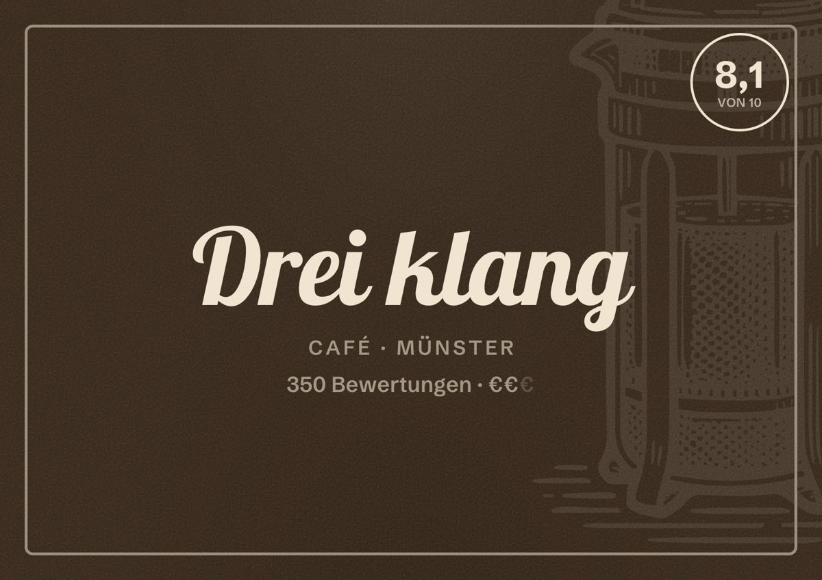 Illustriertes Poster von Drei klang, Café in Münster: Bewertung 8,1 von 10 aus 350 Bewertungen, Preisniveau €€