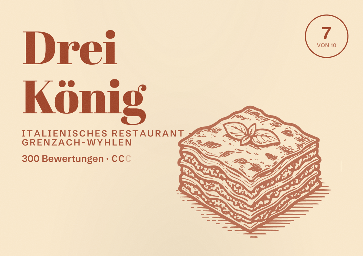Illustriertes Poster von Drei König, Italienisches Restaurant in Grenzach-Wyhlen: Bewertung 7 von 10 aus 300 Bewertungen, Preisniveau €€
