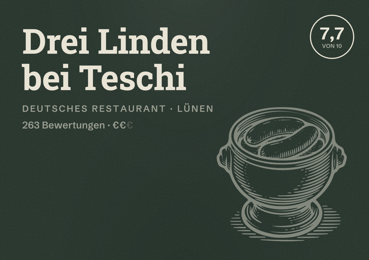 Illustriertes Poster von Drei Linden bei Teschi, Deutsches Restaurant in Lünen: Bewertung 7,7 von 10 aus 263 Bewertungen, Preisniveau €€