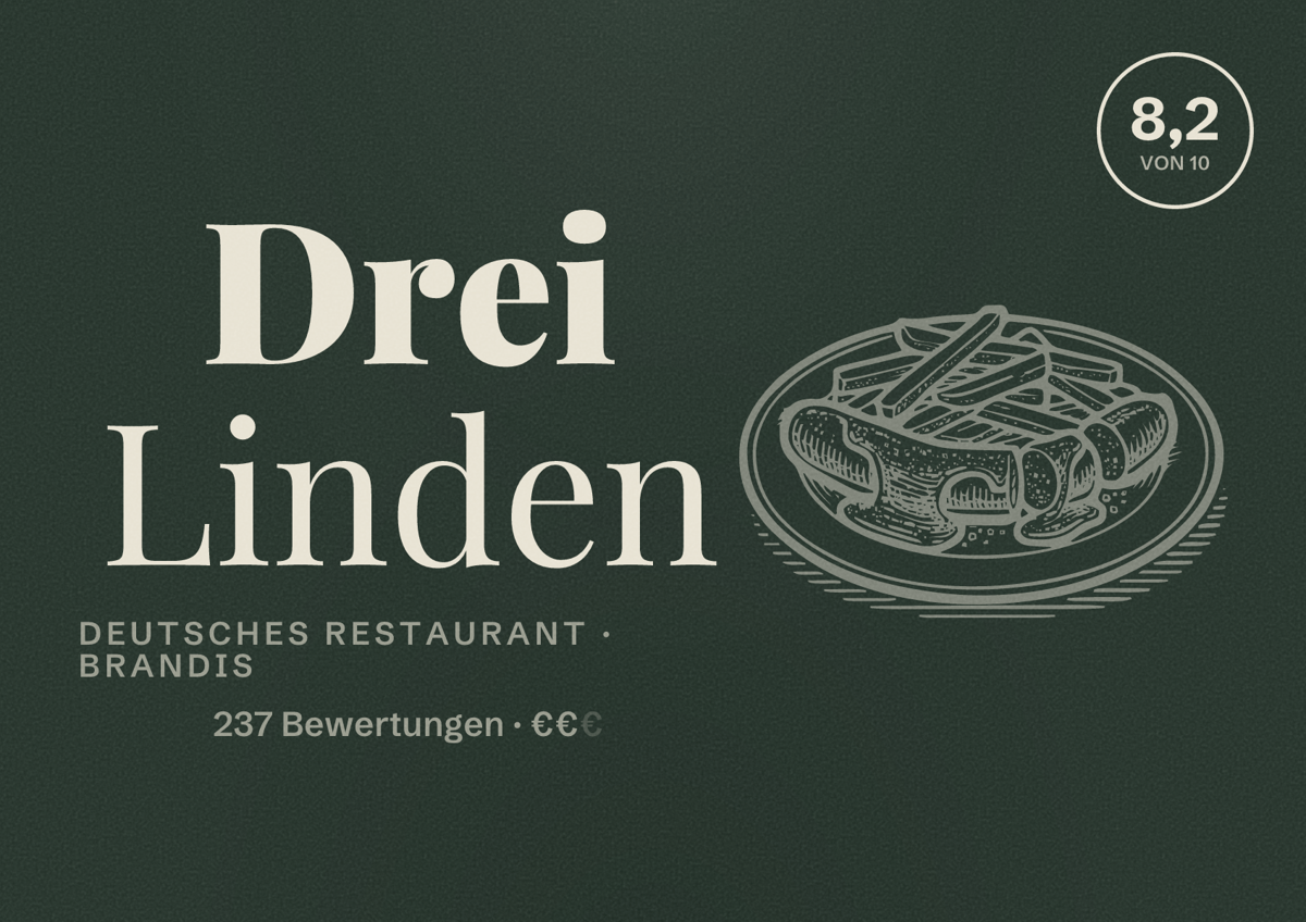 Illustriertes Poster von Drei Linden, Deutsches Restaurant in Brandis: Bewertung 8,2 von 10 aus 237 Bewertungen, Preisniveau €€