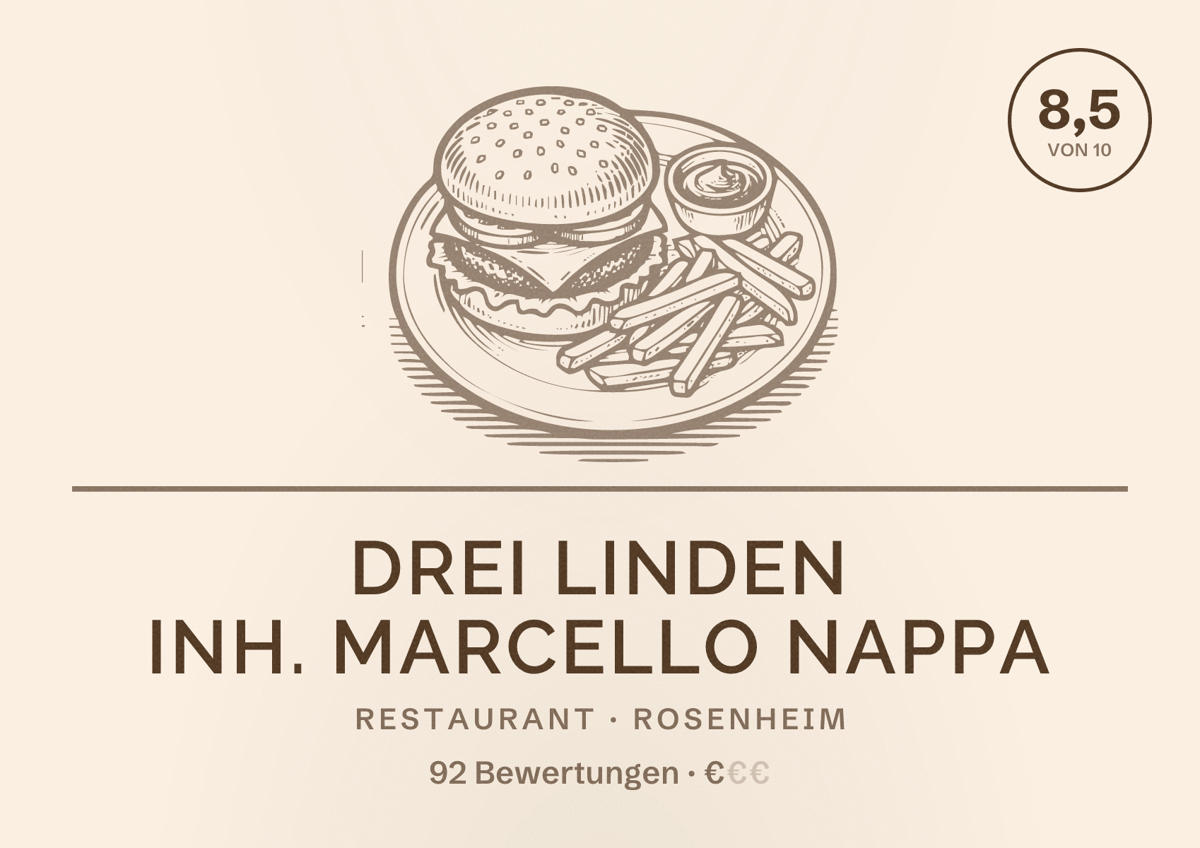 Illustriertes Poster von Drei Linden Inh. Marcello Nappa, Restaurant in Rosenheim: Bewertung 8,5 von 10 aus 92 Bewertungen, Preisniveau €