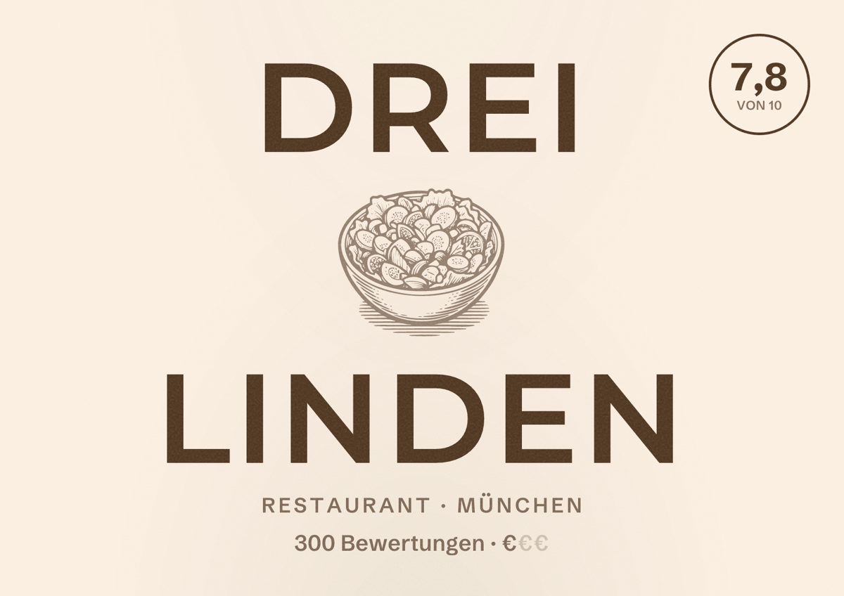 Illustriertes Poster von Drei Linden, Restaurant in München: Bewertung 7,8 von 10 aus 300 Bewertungen, Preisniveau €
