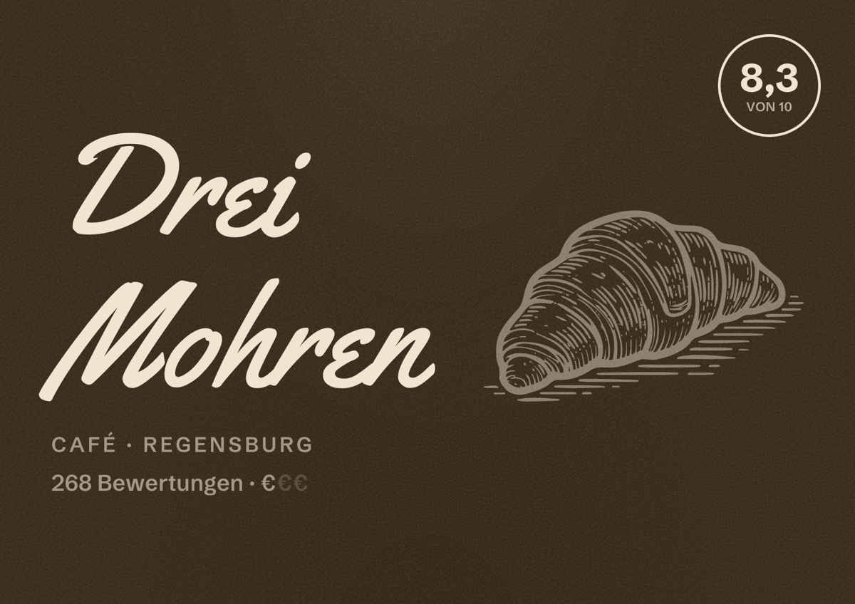 Illustriertes Poster von Drei Mohren, Café in Regensburg: Bewertung 8,3 von 10 aus 268 Bewertungen, Preisniveau €