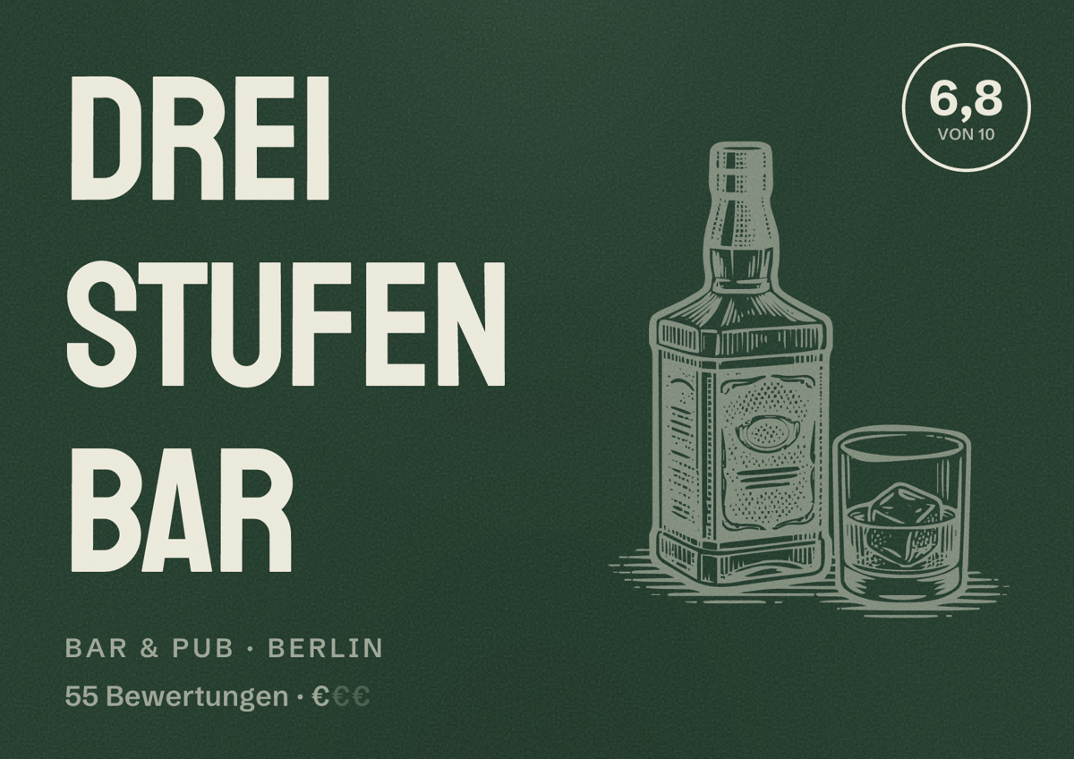 Illustriertes Poster von Drei Stufen Bar, Bar & Pub in Berlin: Bewertung 6,8 von 10 aus 55 Bewertungen, Preisniveau €