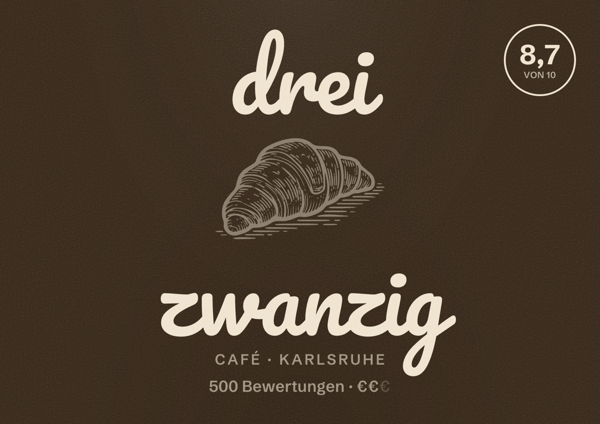 Illustriertes Poster von drei zwanzig, Café in Karlsruhe: Bewertung 8,7 von 10 aus 500 Bewertungen, Preisniveau €€