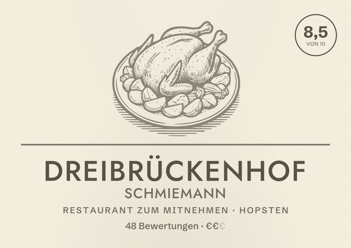 Illustriertes Poster von Dreibrückenhof Schmiemann, Restaurant zum Mitnehmen in Hopsten: Bewertung 8,5 von 10 aus 48 Bewertungen, Preisniveau €€