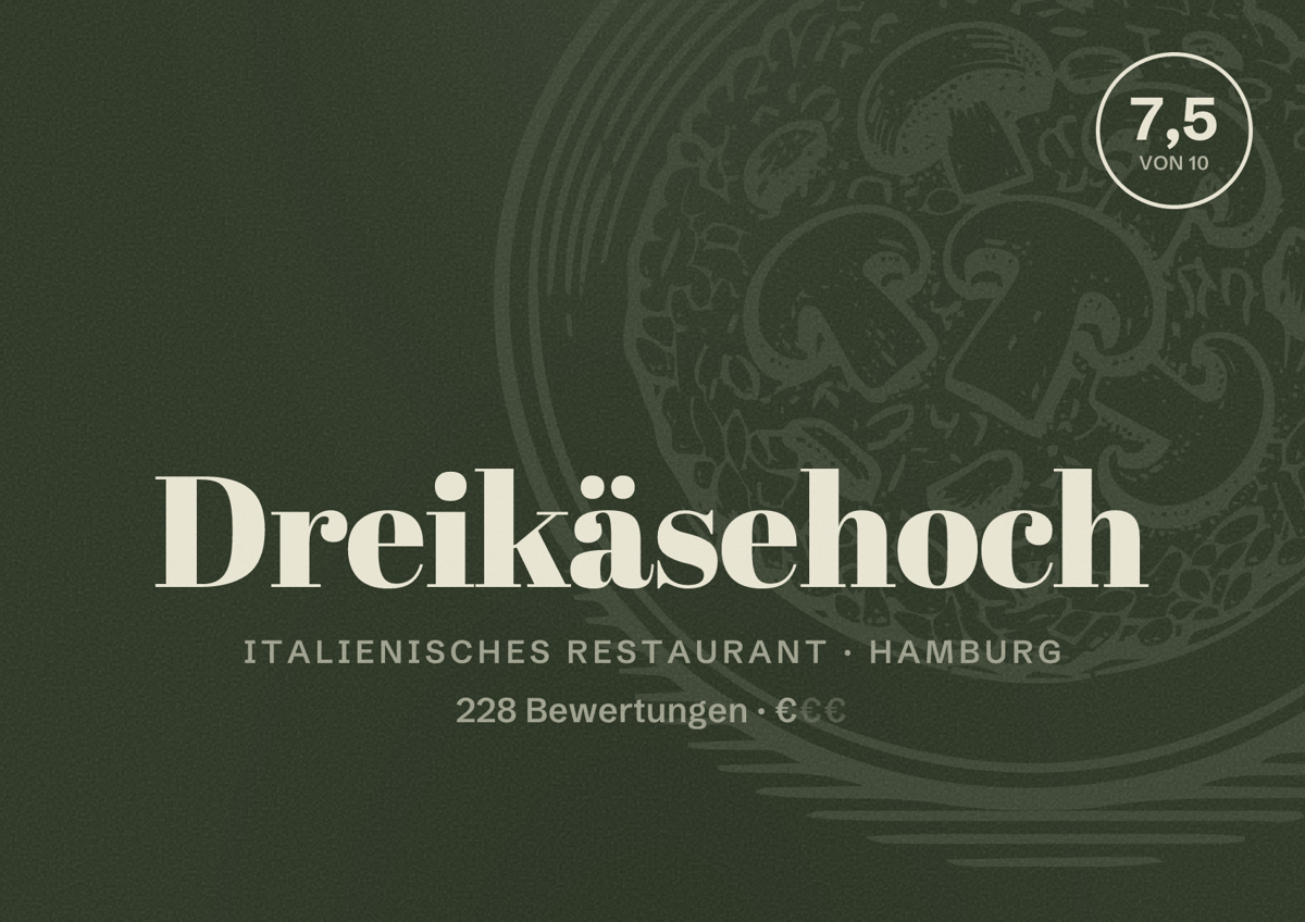 Illustriertes Poster von Dreikäsehoch, Italienisches Restaurant in Hamburg: Bewertung 7,5 von 10 aus 228 Bewertungen, Preisniveau €