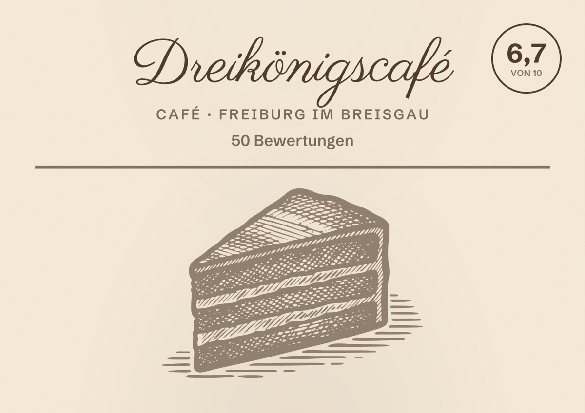 Illustriertes Poster von Dreikönigscafé, Café in Freiburg im Breisgau: Bewertung 6,7 von 10 aus 50 Bewertungen