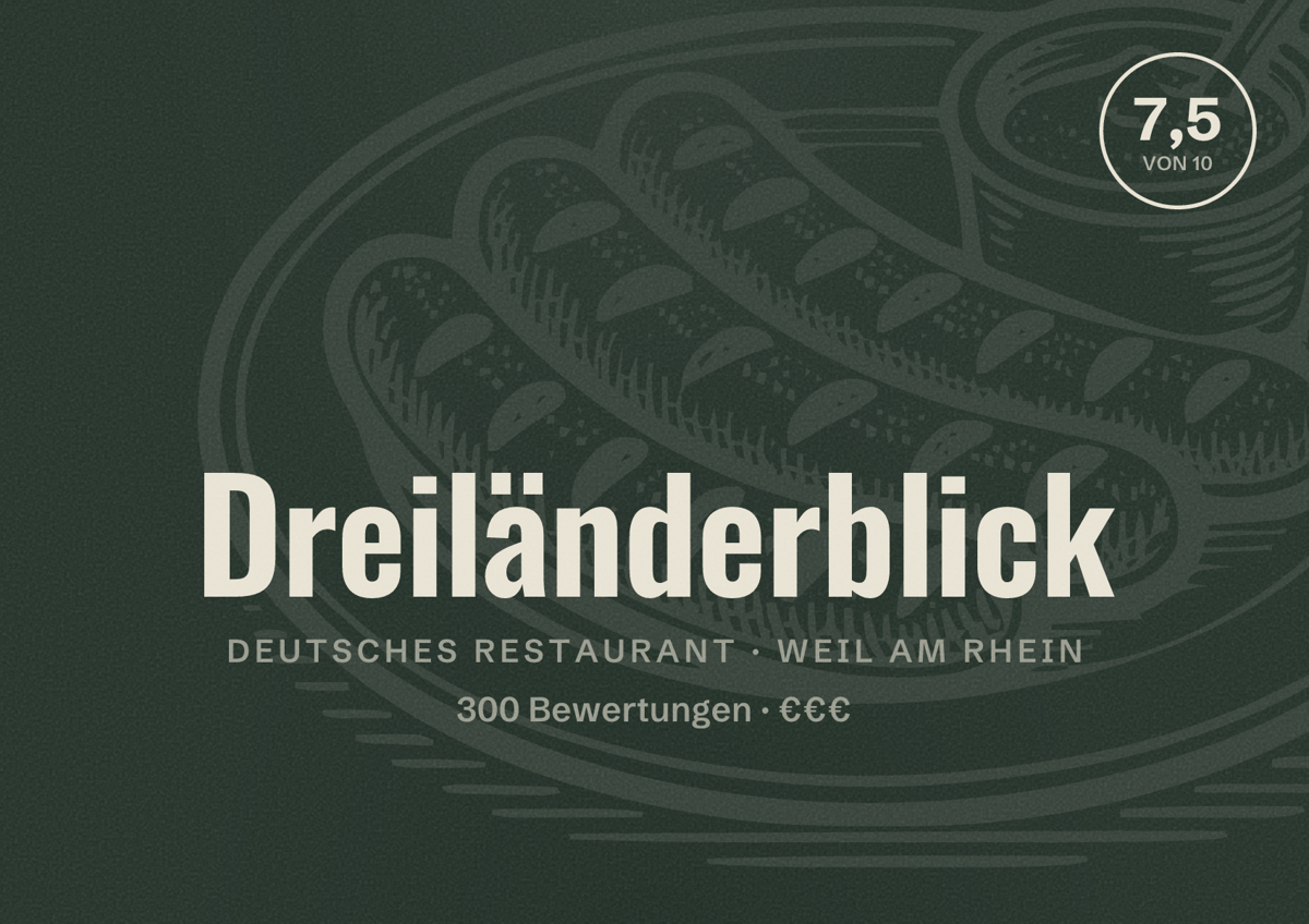 Illustriertes Poster von Dreiländerblick, Deutsches Restaurant in Weil am Rhein: Bewertung 7,5 von 10 aus 300 Bewertungen, Preisniveau €€€
