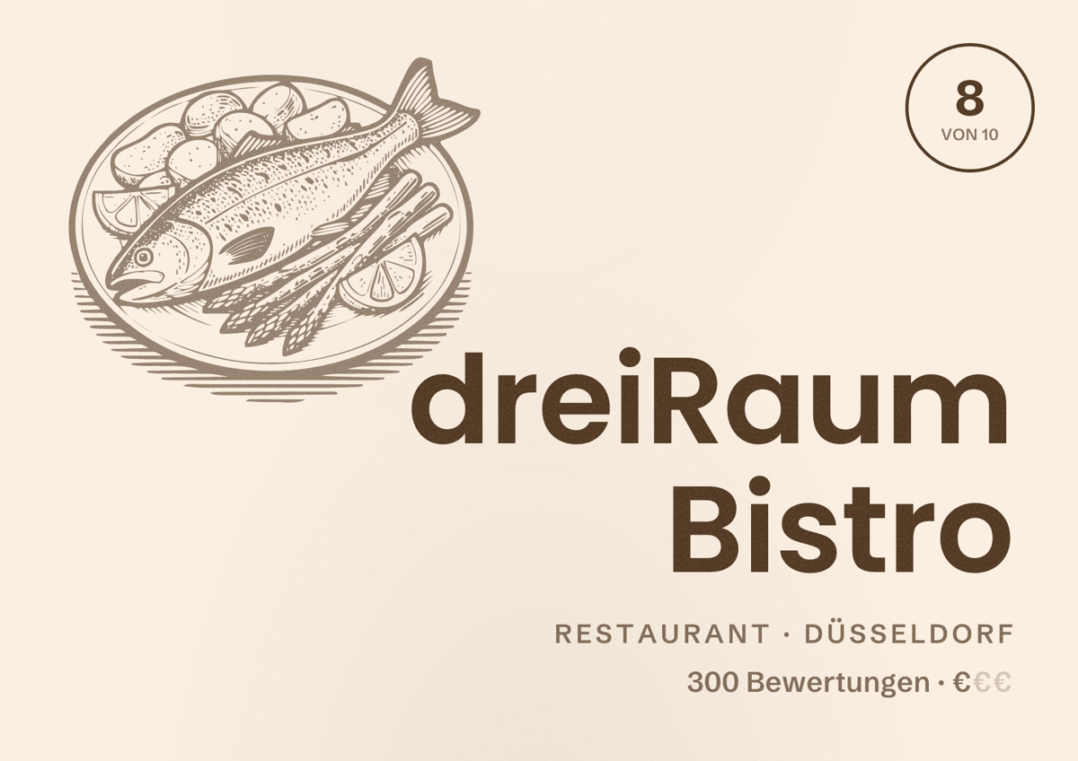 Illustriertes Poster von dreiRaum Bistro, Restaurant in Düsseldorf: Bewertung 8,0 von 10 aus 300 Bewertungen, Preisniveau €