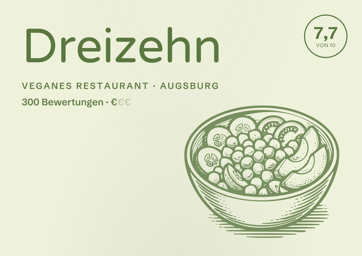 Illustriertes Poster von Dreizehn, Veganes Restaurant in Augsburg: Bewertung 7,7 von 10 aus 300 Bewertungen, Preisniveau €