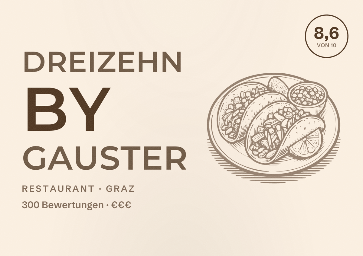 Illustriertes Poster von dreizehn by Gauster, Restaurant in Graz: Bewertung 8,6 von 10 aus 300 Bewertungen, Preisniveau €€€