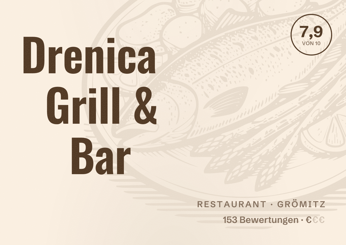 Illustriertes Poster von Drenica Grill & Bar, Restaurant in Grömitz: Bewertung 7,9 von 10 aus 153 Bewertungen, Preisniveau €