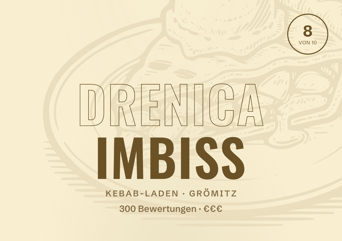 Illustriertes Poster von Drenica Imbiss, Kebab-Laden in Grömitz: Bewertung 8 von 10 aus 300 Bewertungen, Preisniveau €€€