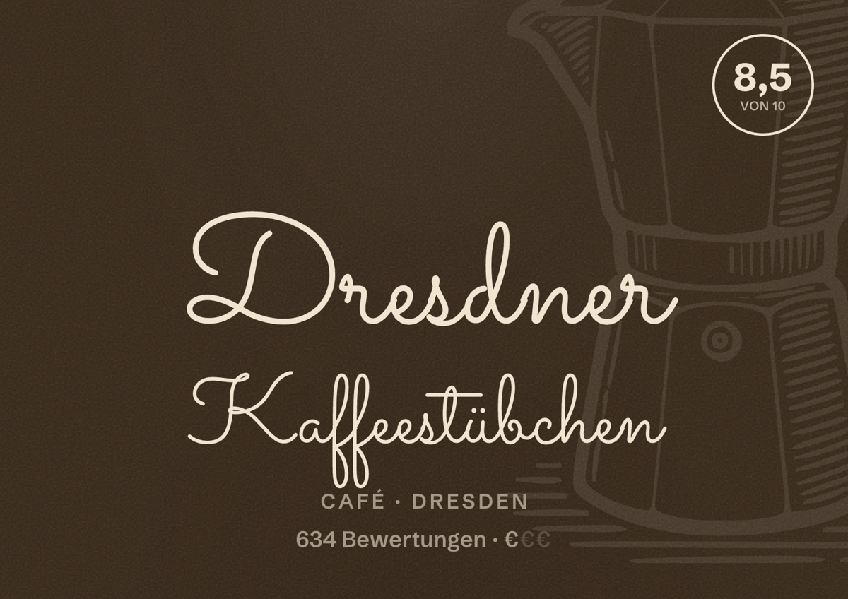 Illustriertes Poster von Dresdner Kaffeestübchen, Café in Dresden: Bewertung 8,5 von 10 aus 634 Bewertungen, Preisniveau €