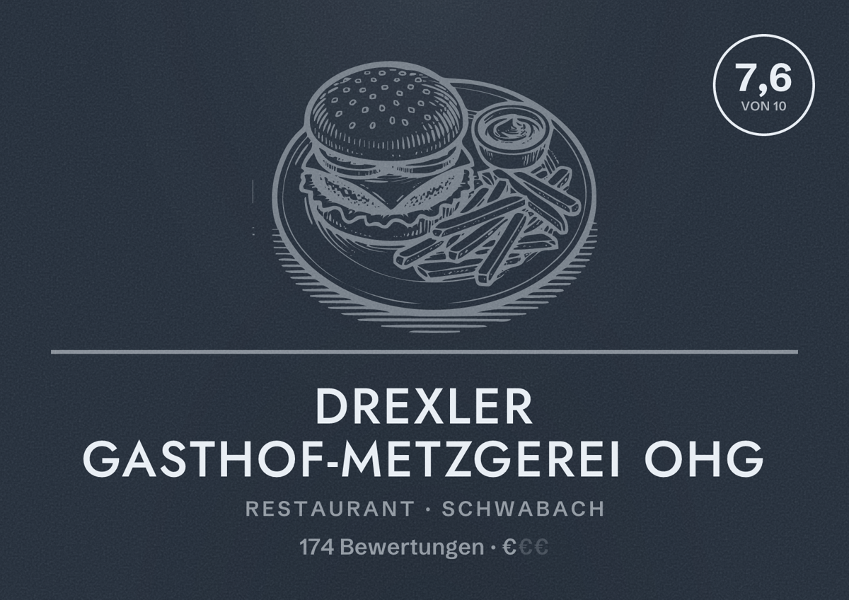 Illustriertes Poster von Drexler Gasthof-Metzgerei OHG, Restaurant in Schwabach: Bewertung 7,6 von 10 aus 174 Bewertungen, Preisniveau €