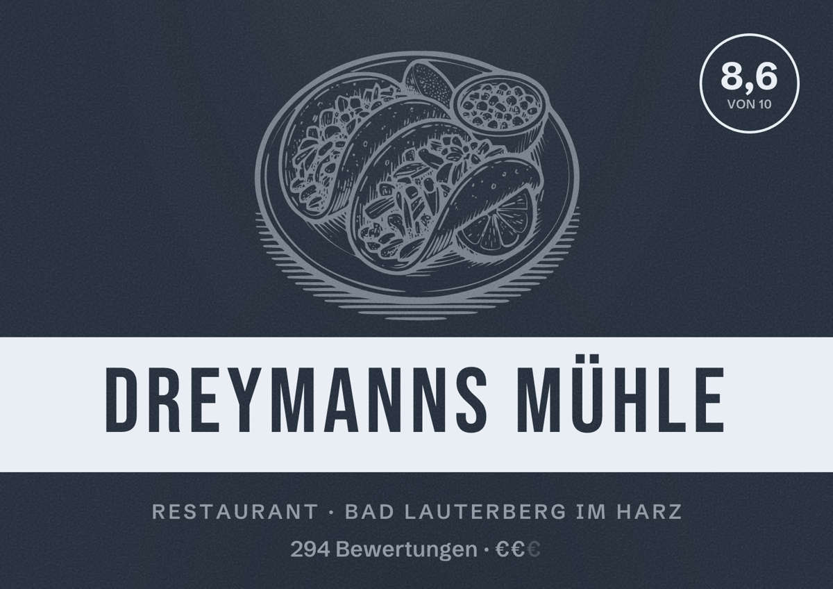 Illustriertes Poster von Dreymanns Mühle, Restaurant in Bad Lauterberg im Harz: Bewertung 8,6 von 10 aus 294 Bewertungen, Preisniveau €€