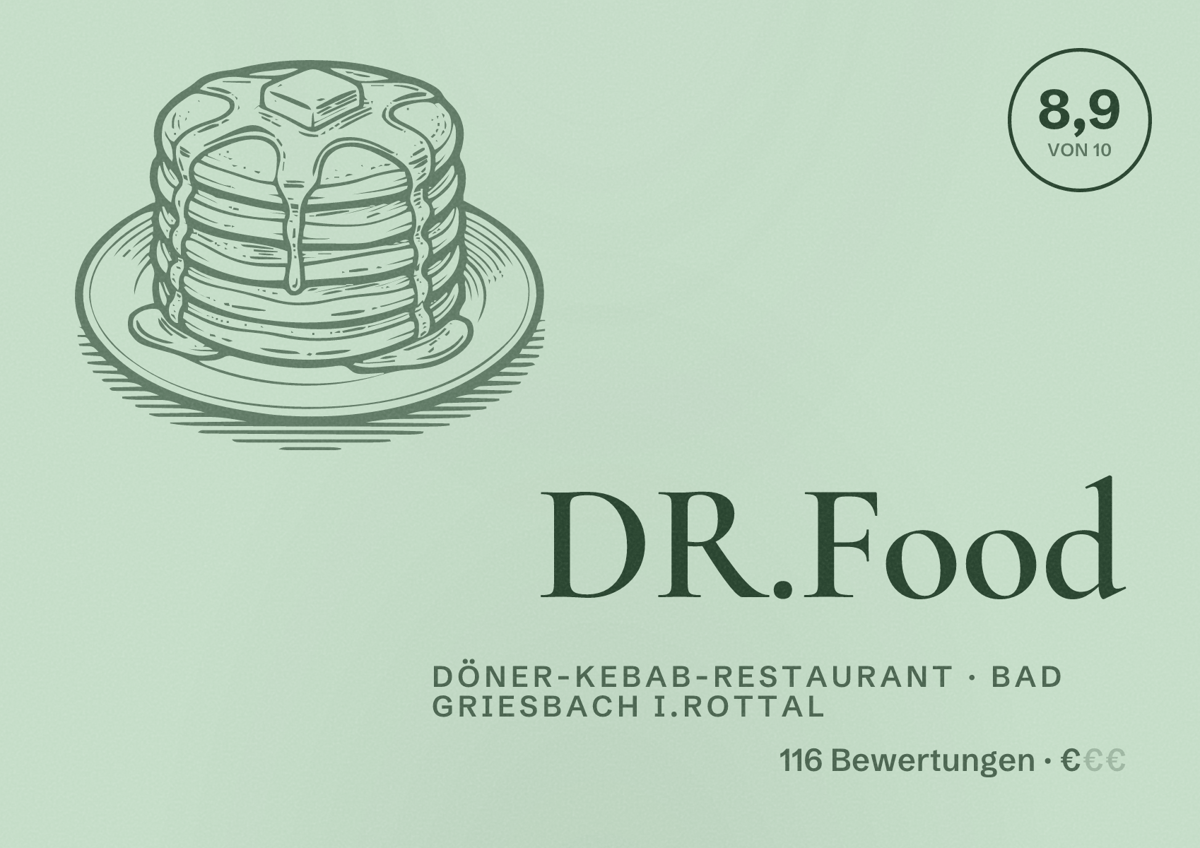 Illustriertes Poster von DR.Food, Döner-Kebab-Restaurant in Bad Griesbach i.Rottal: Bewertung 8,9 von 10 aus 116 Bewertungen, Preisniveau €