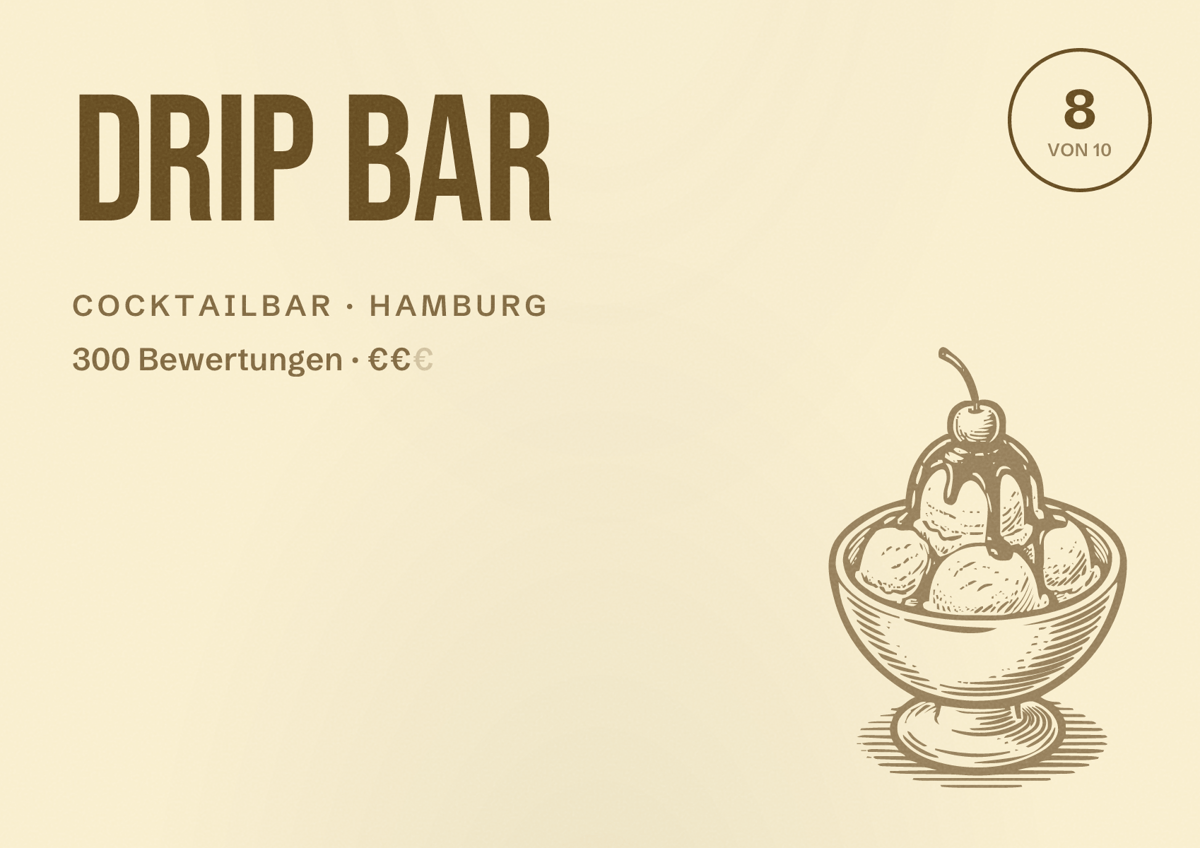 Illustriertes Poster von Drip Bar, Cocktailbar in Hamburg: Bewertung 8,0 von 10 aus 300 Bewertungen, Preisniveau €€