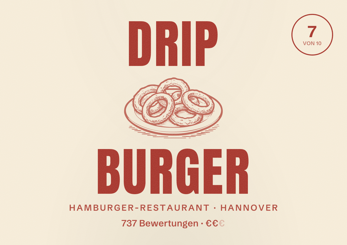 Illustriertes Poster von Drip Burger, Hamburger-Restaurant in Hannover: Bewertung 7 von 10 aus 737 Bewertungen, Preisniveau €€