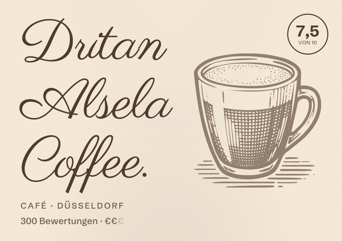 Illustriertes Poster von Dritan Alsela Coffee., Café in Düsseldorf: Bewertung 7,5 von 10 aus 300 Bewertungen, Preisniveau €€