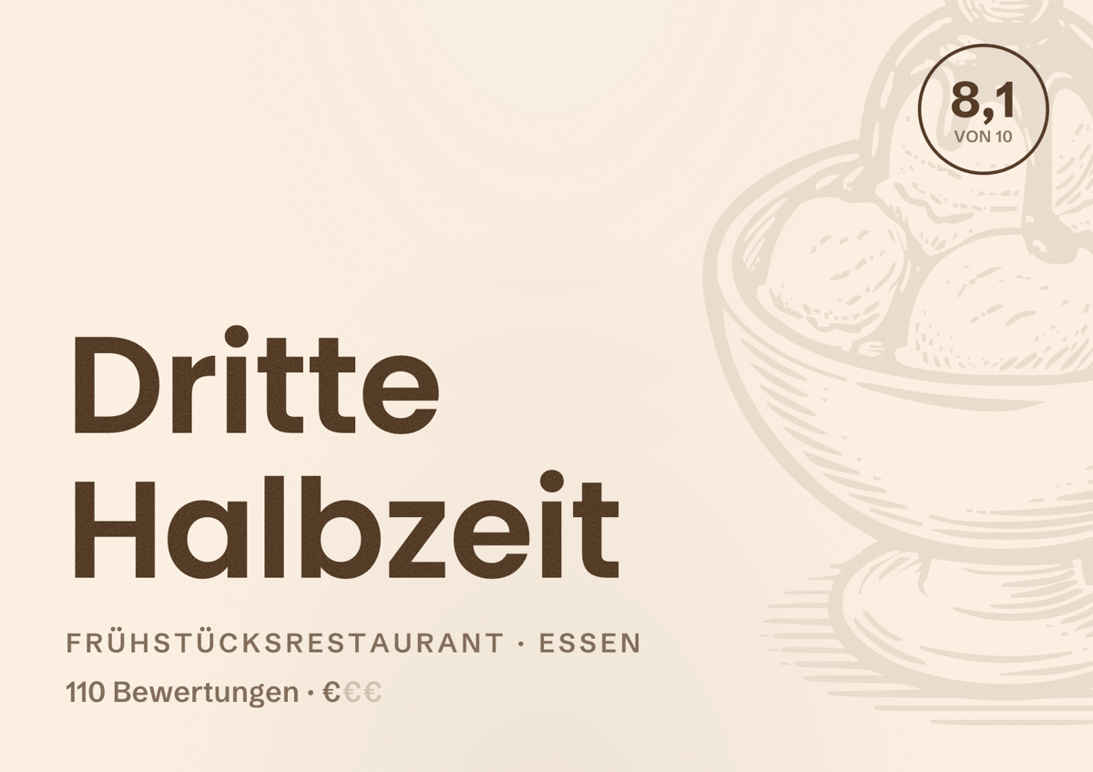 Illustriertes Poster von Dritte Halbzeit, Frühstücksrestaurant in Essen: Bewertung 8,1 von 10 aus 110 Bewertungen, Preisniveau €