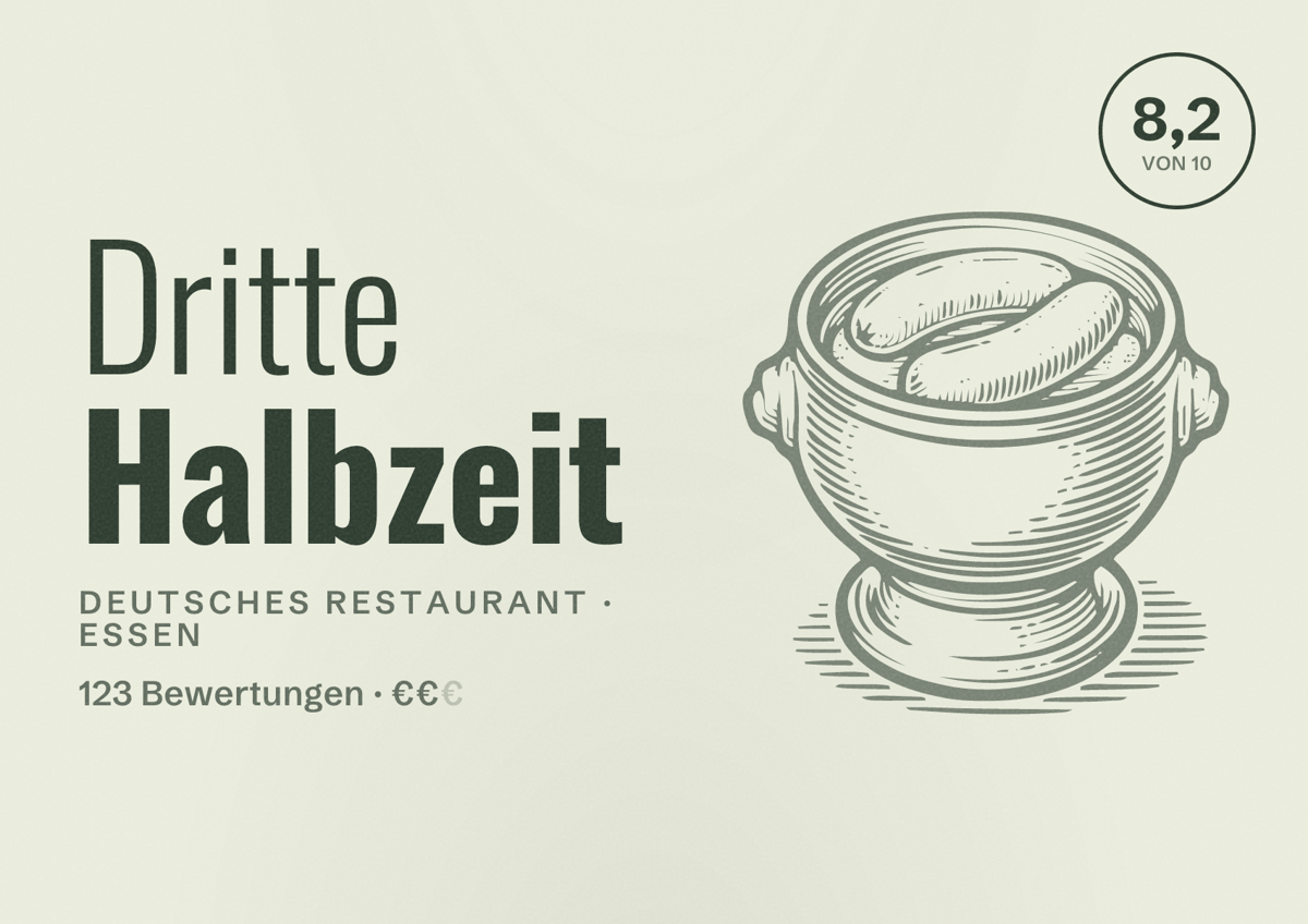 Illustriertes Poster von Dritte Halbzeit, Deutsches Restaurant in Essen: Bewertung 8,2 von 10 aus 123 Bewertungen, Preisniveau €€