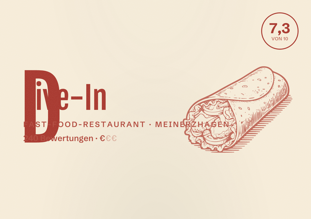 Illustriertes Poster von Drive-In, Fast-Food-Restaurant in Meinerzhagen: Bewertung 7,3 von 10 aus 240 Bewertungen, Preisniveau €