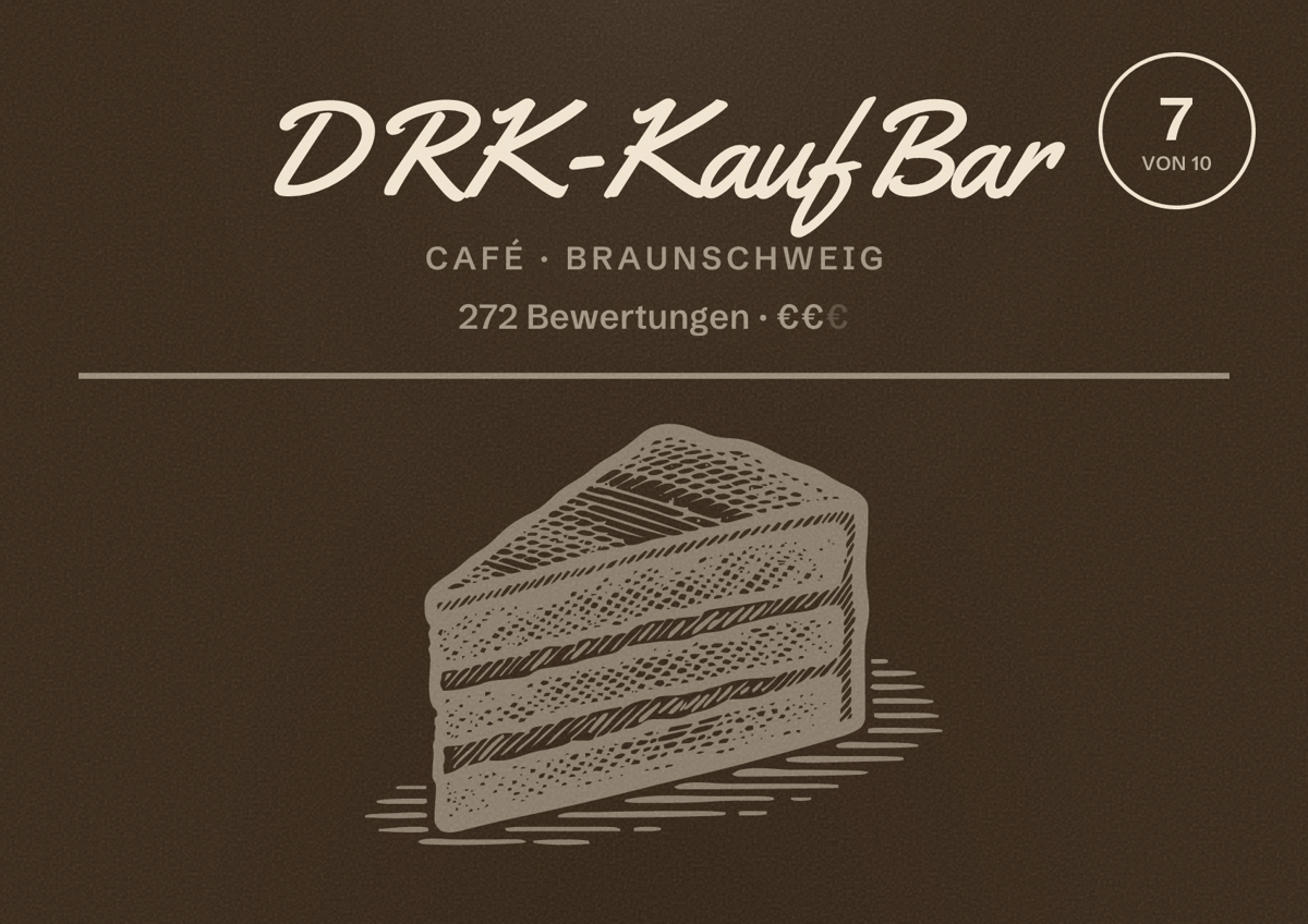 Illustriertes Poster von DRK-KaufBar, Café in Braunschweig: Bewertung 7,0 von 10 aus 272 Bewertungen, Preisniveau €€