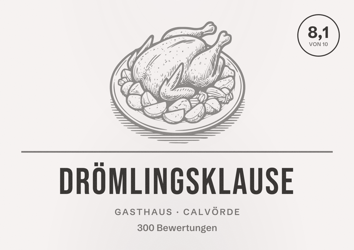 Illustriertes Poster von Drömlingsklause, Gasthaus in Calvörde: Bewertung 8,1 von 10 aus 300 Bewertungen