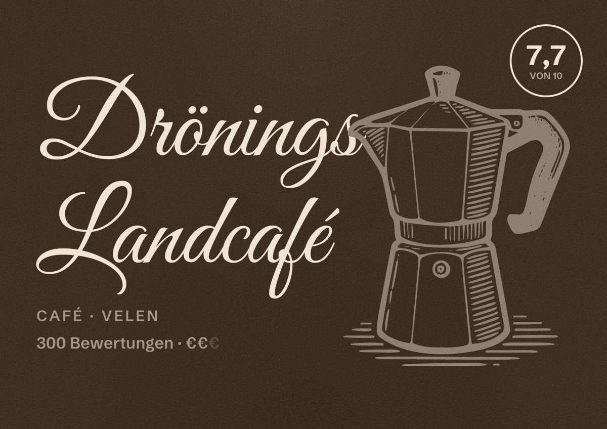 Illustriertes Poster von Drönings Landcafé, Café in Velen: Bewertung 7,7 von 10 aus 300 Bewertungen, Preisniveau €€
