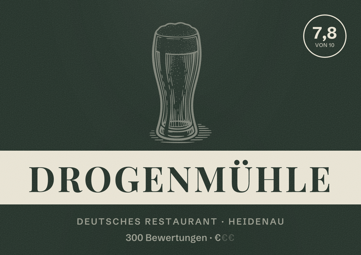 Illustriertes Poster von Drogenmühle, Deutsches Restaurant in Heidenau: Bewertung 7,8 von 10 aus 300 Bewertungen, Preisniveau €