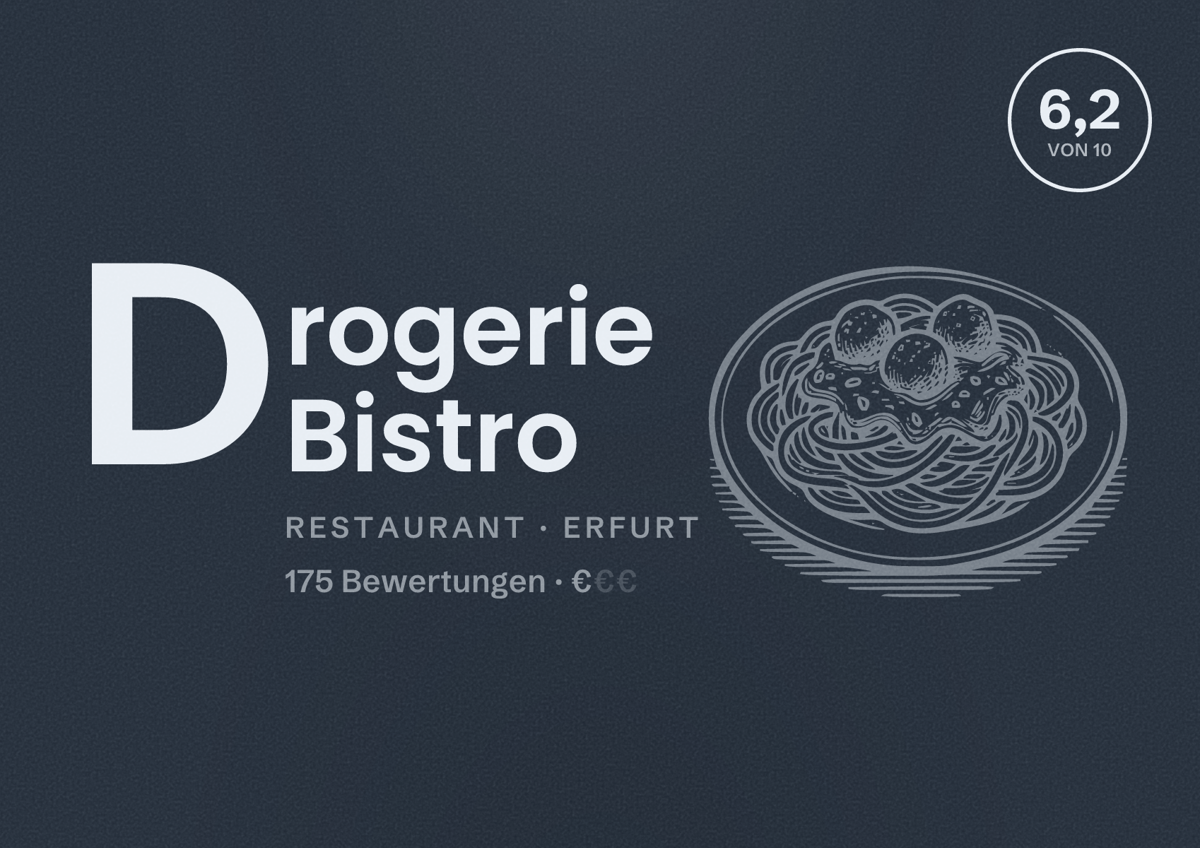 Illustriertes Poster von Drogerie Bistro, Restaurant in Erfurt: Bewertung 6,2 von 10 aus 175 Bewertungen, Preisniveau €