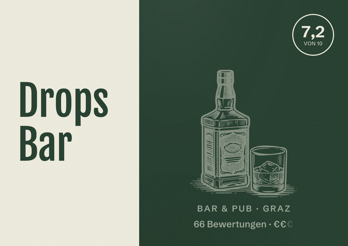 Illustriertes Poster von Drops Bar, Bar & Pub in Graz: Bewertung 7,2 von 10 aus 66 Bewertungen, Preisniveau €€