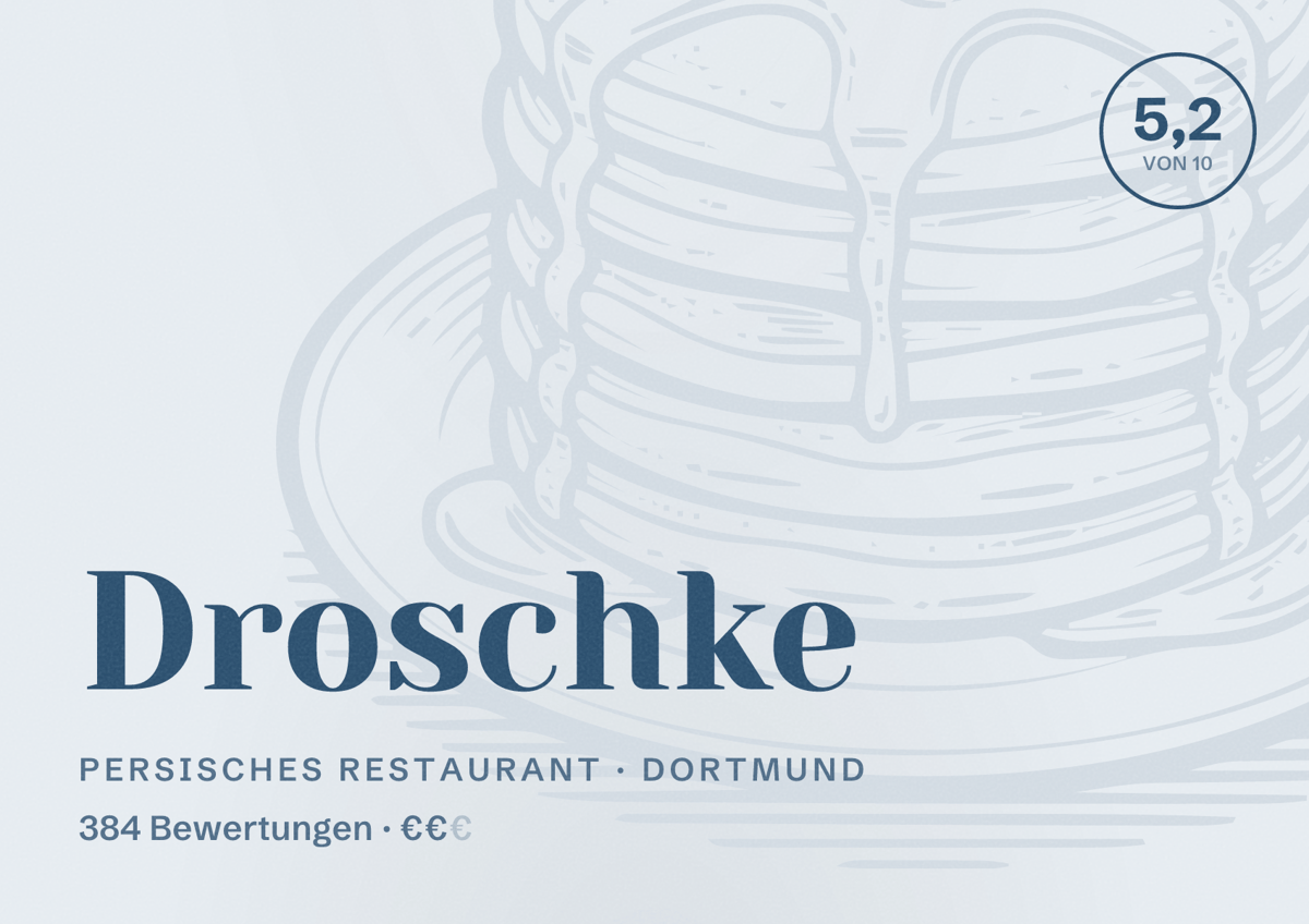 Illustriertes Poster von Droschke, Persisches Restaurant in Dortmund: Bewertung 5,2 von 10 aus 384 Bewertungen, Preisniveau €€