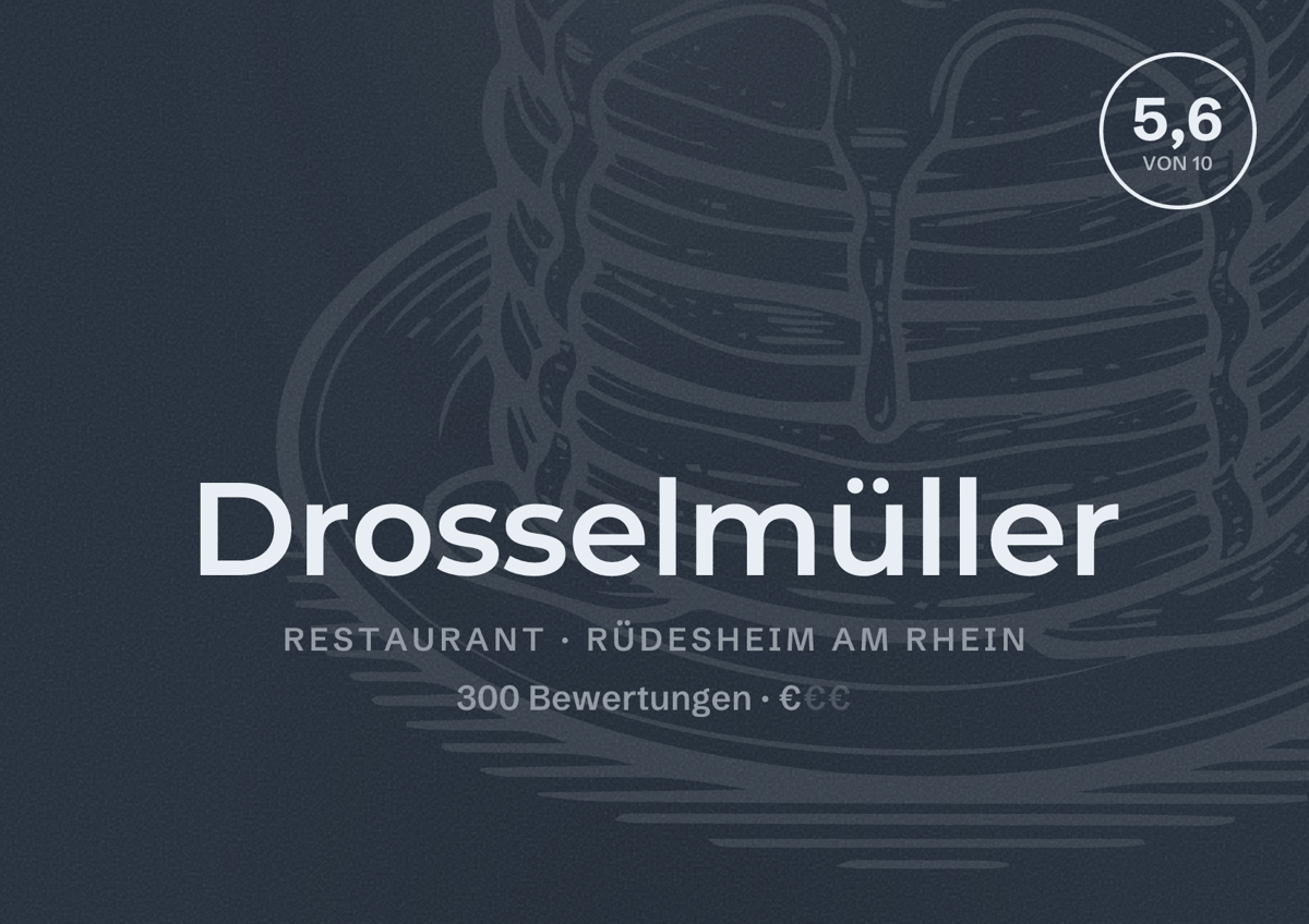 Illustriertes Poster von Drosselmüller, Restaurant in Rüdesheim am Rhein: Bewertung 5,6 von 10 aus 300 Bewertungen, Preisniveau €