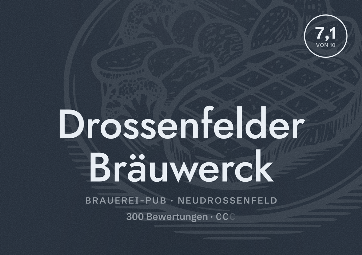 Illustriertes Poster von Drossenfelder Bräuwerck, Brauerei-Pub in Neudrossenfeld: Bewertung 7,1 von 10 aus 300 Bewertungen, Preisniveau €€