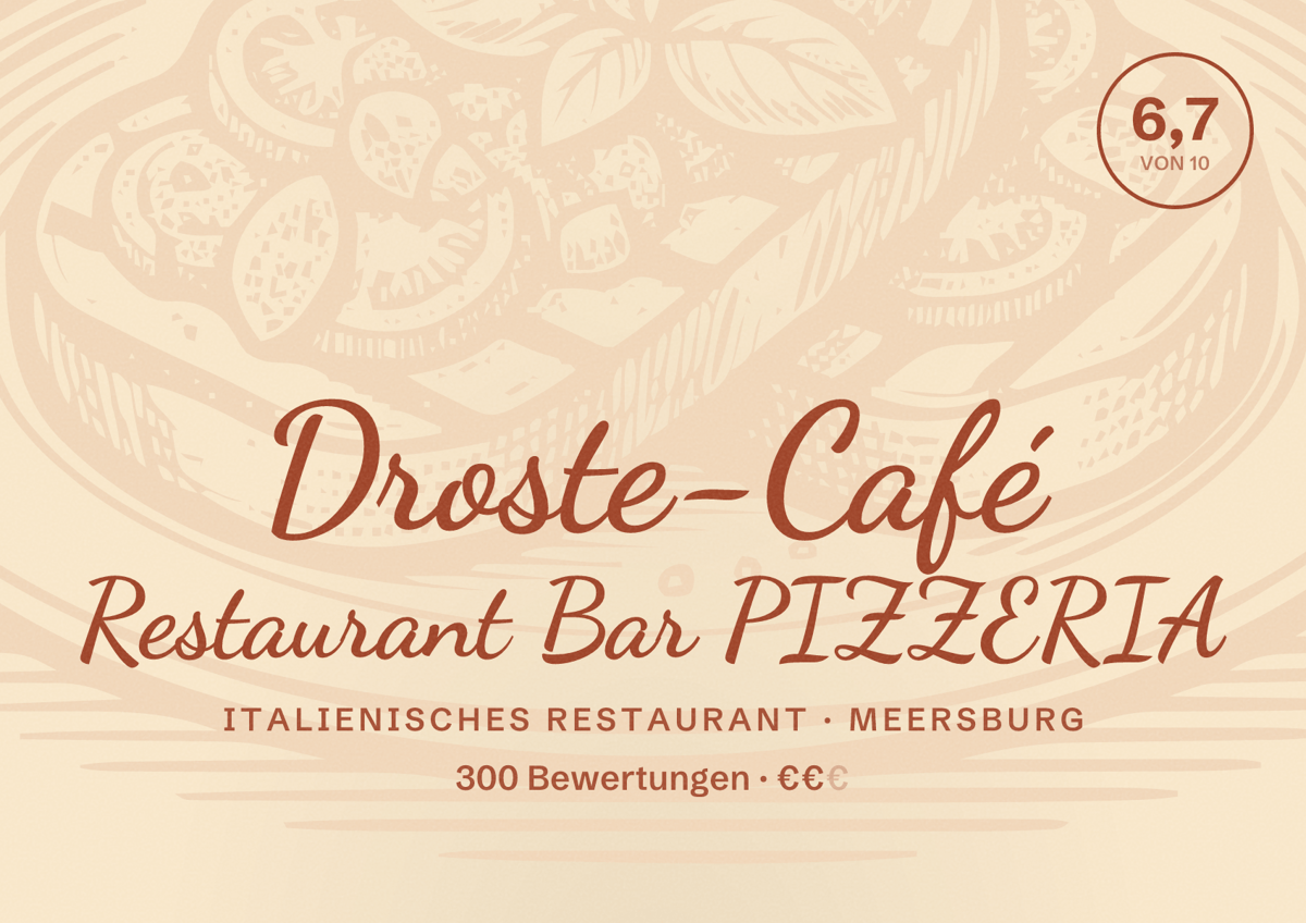 Illustriertes Poster von Droste-Café Restaurant Bar PIZZERIA, Italienisches Restaurant in Meersburg: Bewertung 6,7 von 10 aus 300 Bewertungen, Preisniveau €€