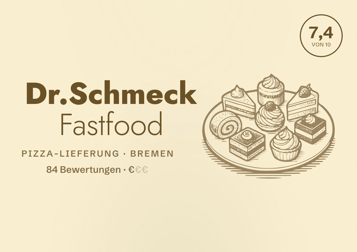Illustriertes Poster von Dr.Schmeck Fastfood, Pizza-Lieferung in Bremen: Bewertung 7,4 von 10 aus 84 Bewertungen, Preisniveau €