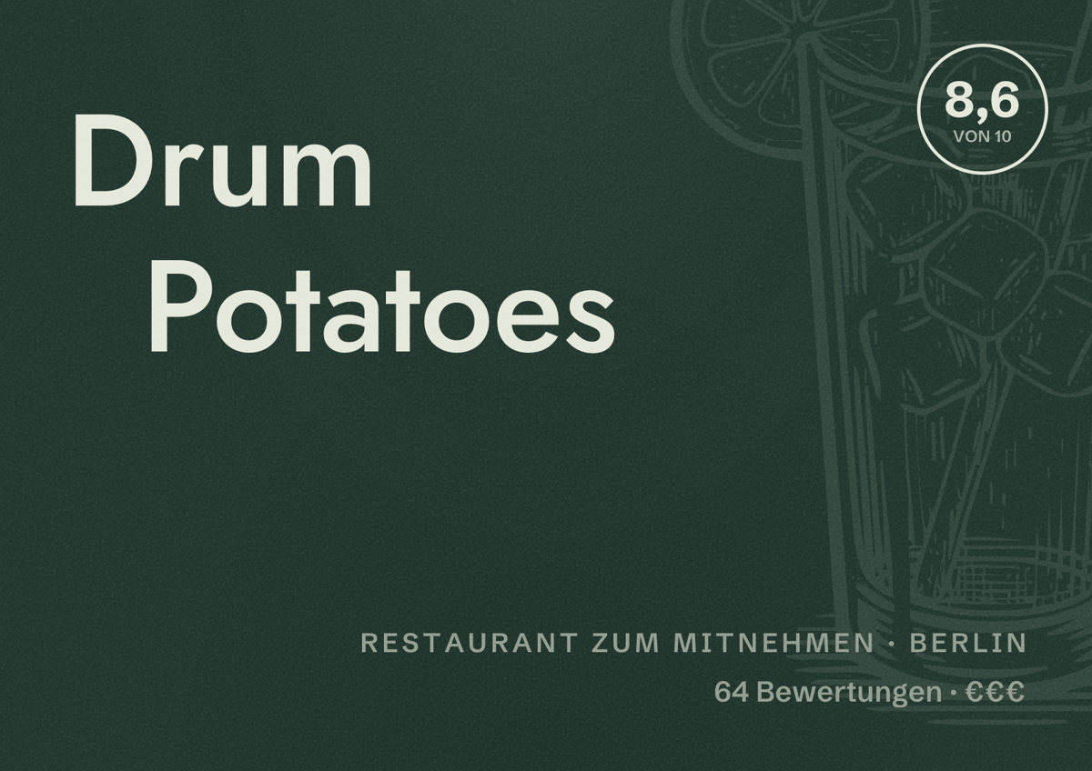 Illustriertes Poster von Drum Potatoes, Restaurant zum Mitnehmen in Berlin: Bewertung 8,6 von 10 aus 64 Bewertungen, Preisniveau €€€