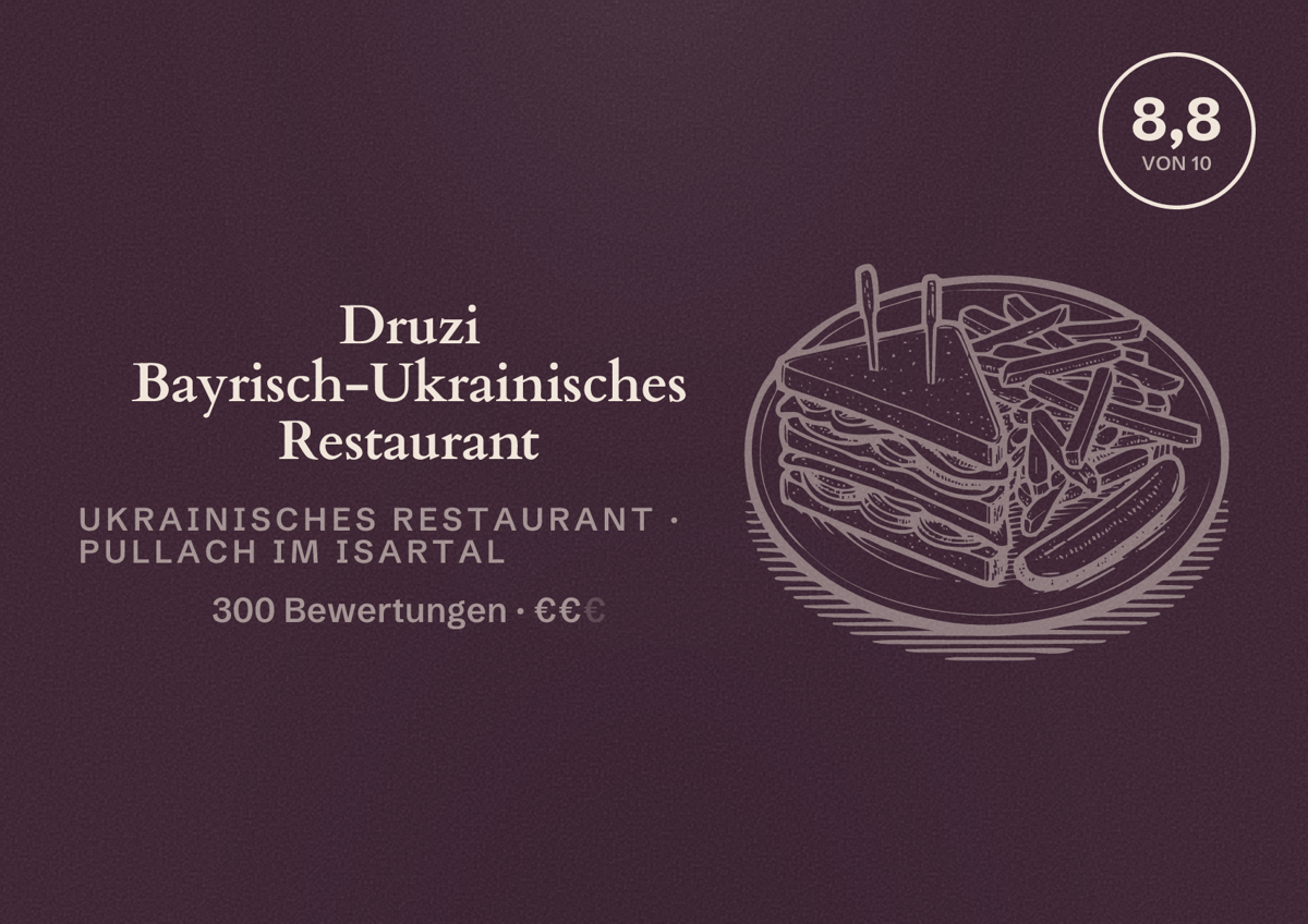 Illustriertes Poster von Druzi Bayrisch-Ukrainisches Restaurant, Ukrainisches Restaurant in Pullach im Isartal: Bewertung 8,8 von 10 aus 300 Bewertungen, Preisniveau €€