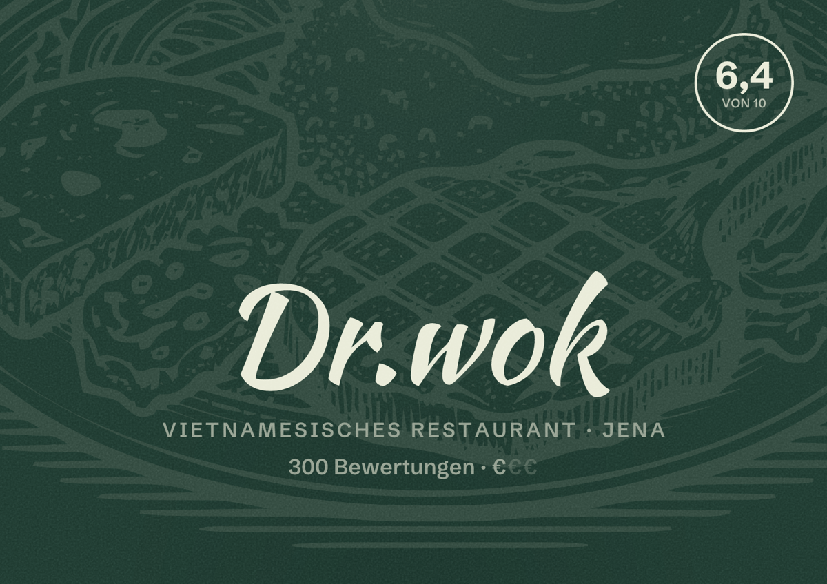 Illustriertes Poster von Dr.wok, Vietnamesisches Restaurant in Jena: Bewertung 6,4 von 10 aus 300 Bewertungen, Preisniveau €