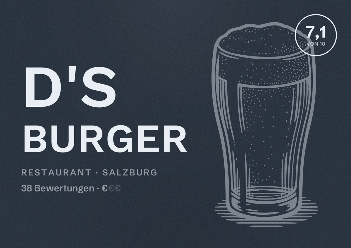 Illustriertes Poster von D's Burger, Restaurant in Salzburg: Bewertung 7,1 von 10 aus 38 Bewertungen, Preisniveau €