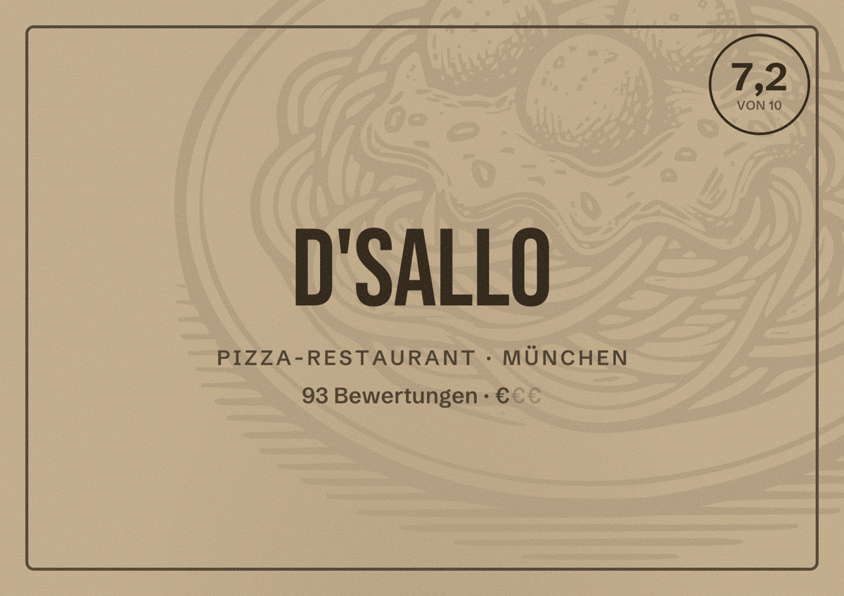 Illustriertes Poster von D'Sallo, Pizza-Restaurant in München: Bewertung 7,2 von 10 aus 93 Bewertungen, Preisniveau €