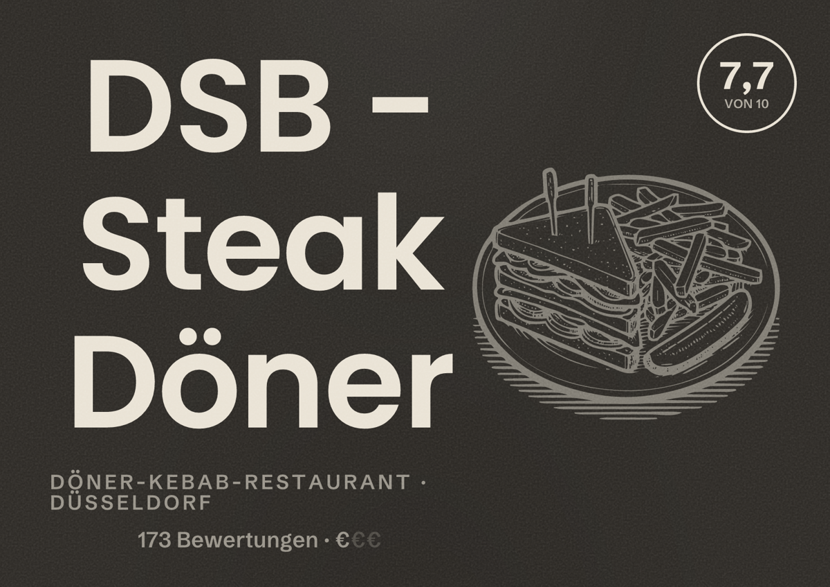Illustriertes Poster von DSB - Steak Döner, Döner-Kebab-Restaurant in Düsseldorf: Bewertung 7,7 von 10 aus 173 Bewertungen, Preisniveau €