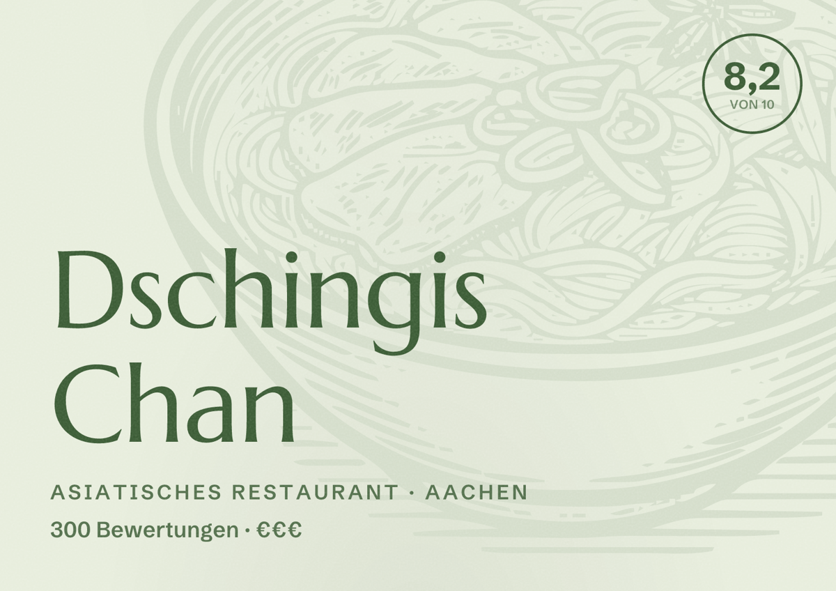 Illustriertes Poster von Dschingis Chan, Asiatisches Restaurant in Aachen: Bewertung 8,2 von 10 aus 300 Bewertungen, Preisniveau €€€